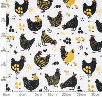 Baumwollwebware "Emilie" Hühner schwarz,gelb,weiß von hilco Baumwollwebware "Emilie" Hühner schwarz,gelb,weiß von hilco